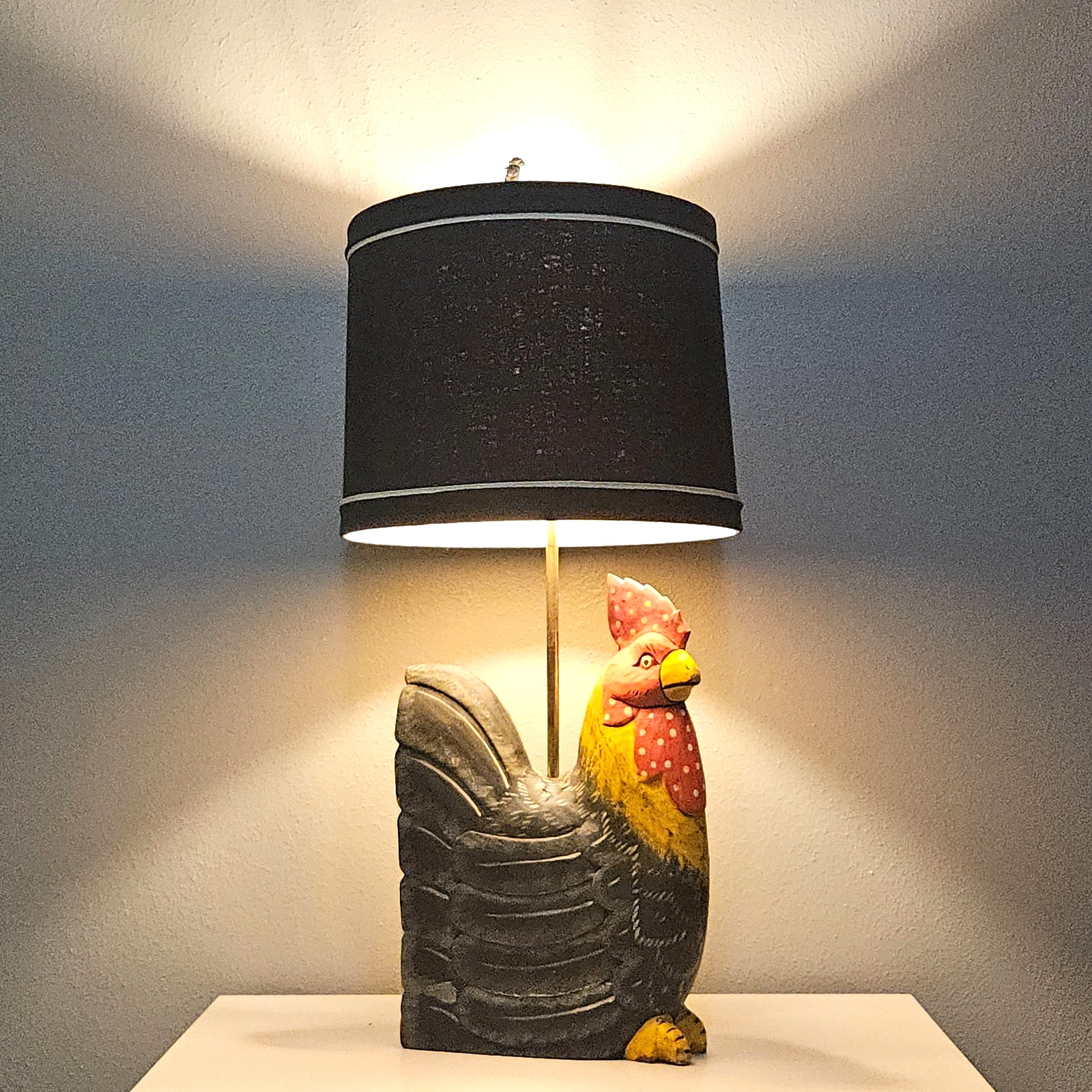 Vintage Carved Wood Rooster Chicken Table Lamp Hand Painted Folk Art 27.5\