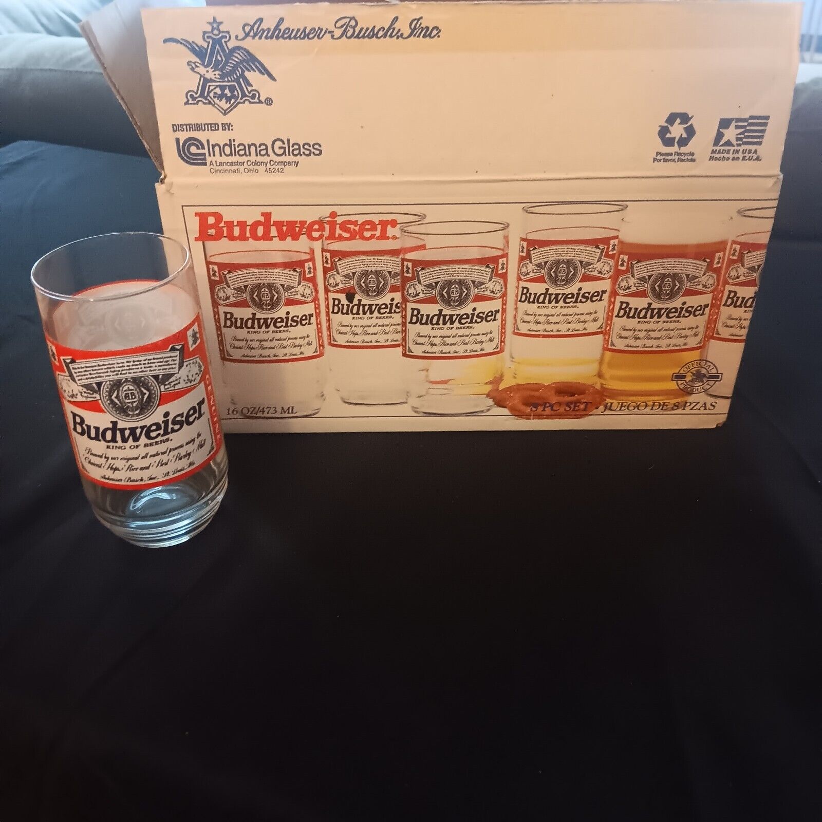 Vintage 1997 Budweiser Set Of 8 16oz Glasses. Brand New In Original Box.