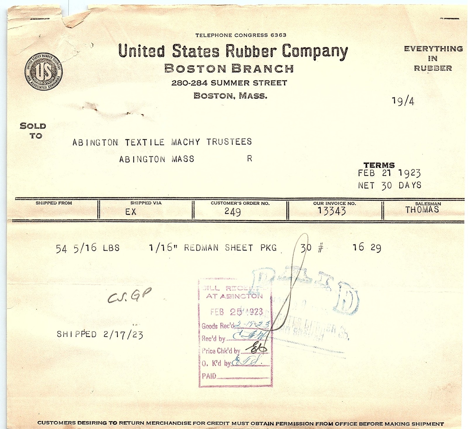 1923 United States Rubber Co. Boston Branch Billhead