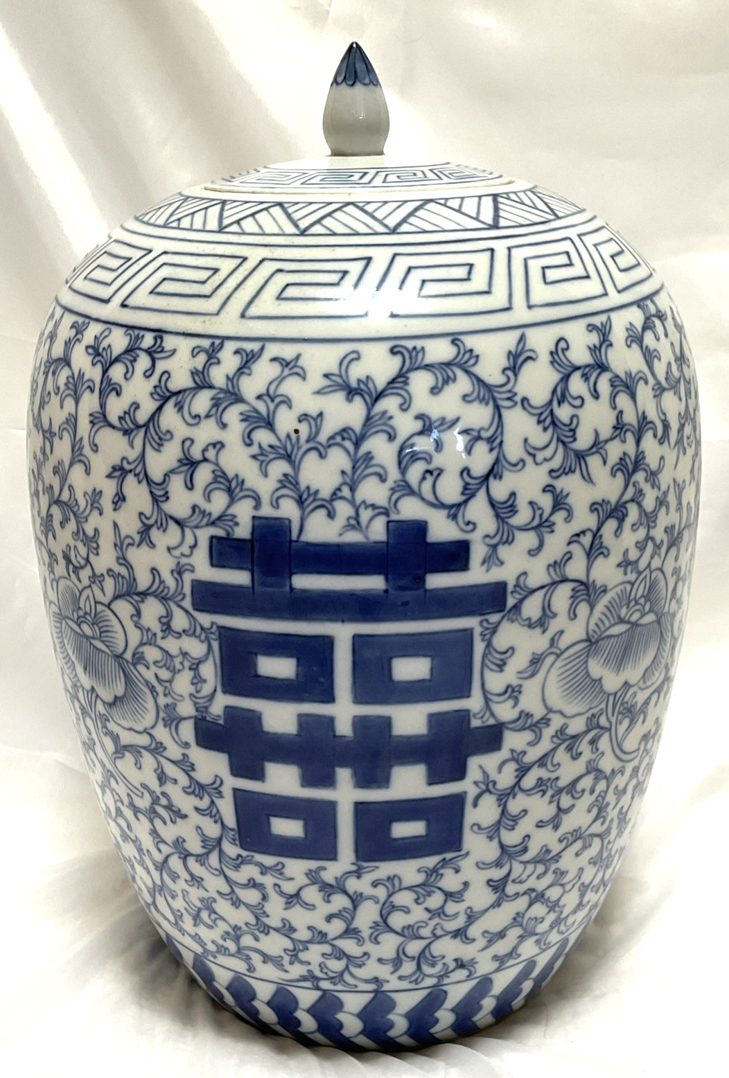 Antique Japanese Large Chinese Blue & White Vessel Double Happiness Ginger Jar