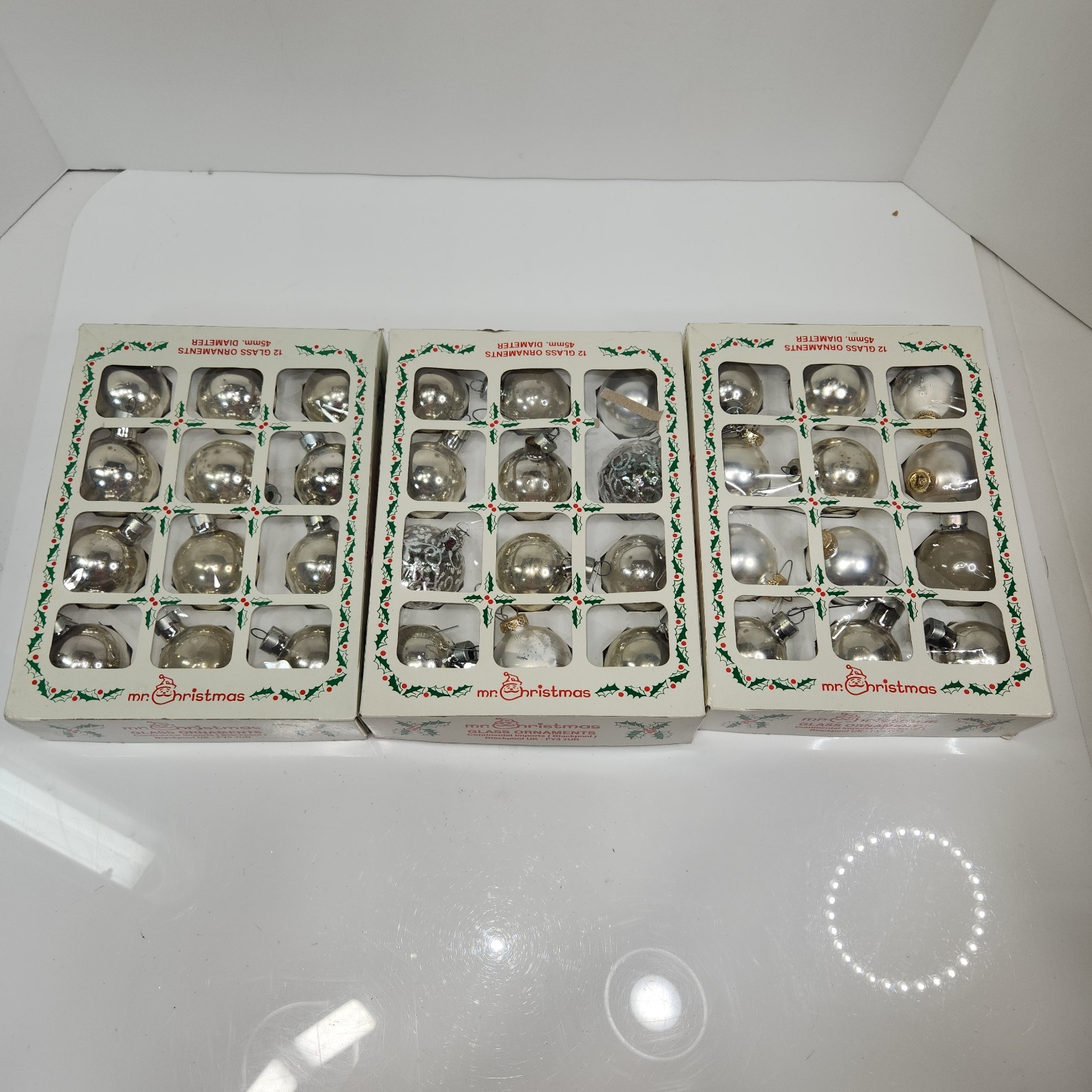 VTG 60's Glass Christmas Tree Ornaments Silver Round  Plain And Decorated 36 Pcs