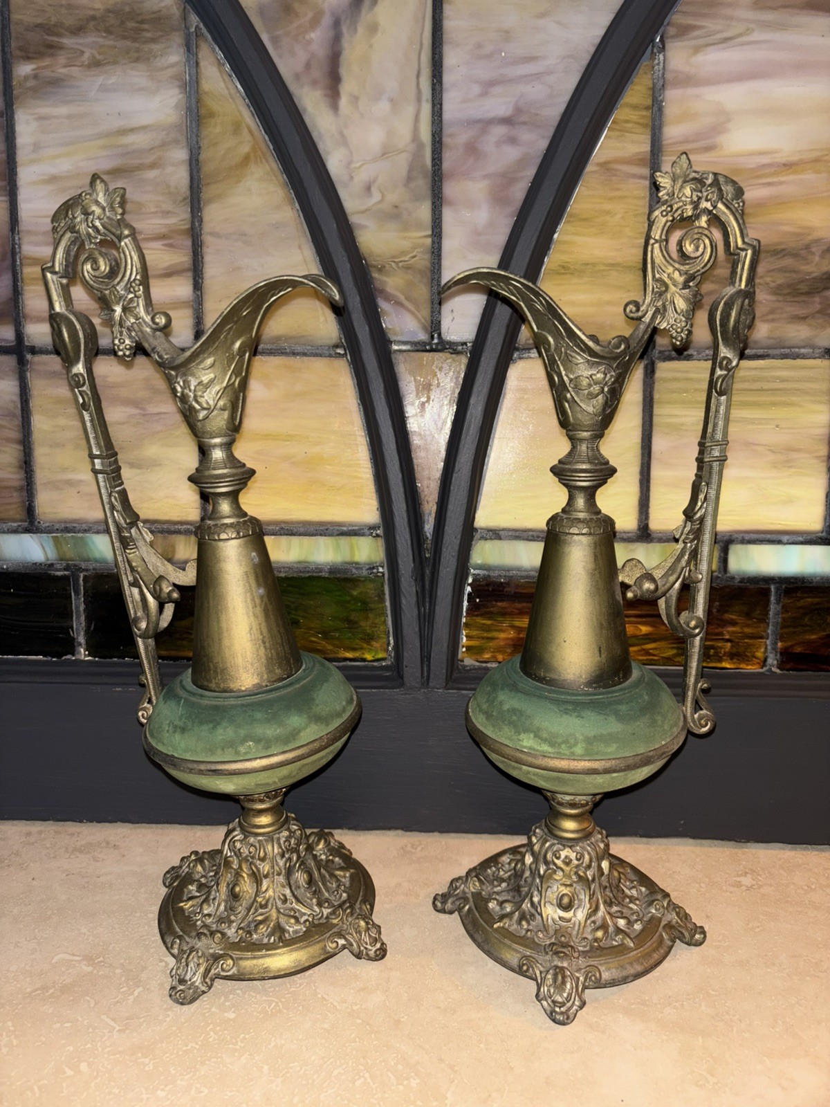 Pair Antique BRASS Garniture EWERS Urns 