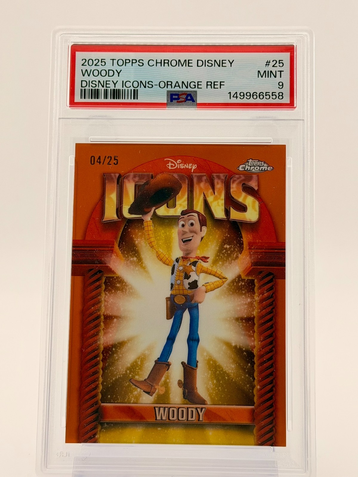 2025 Topps Disney Chrome Icons #DI-25 Woody Orange /25 PSA 9 Toy Story 2025 Topps Disney Chrome Icons #DI-25 Woody Orange /25 PSA 9 Toy Story
