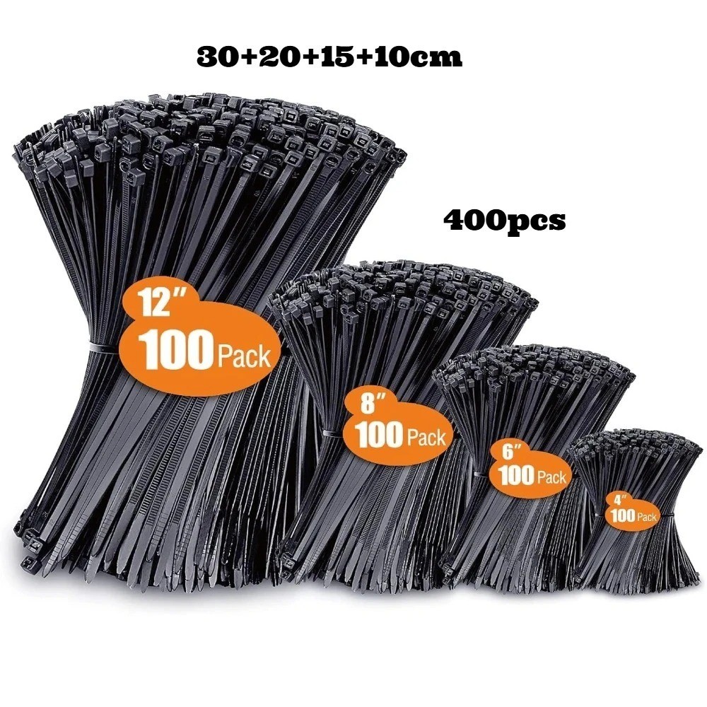 100/400PCS Black Cable Zip Ties 4 6 8 12in UV Resistant Wire Ties Assorted 100/400PCS Black Cable Zip Ties 4 6 8 12in UV Resistant Wire Ties Assorted