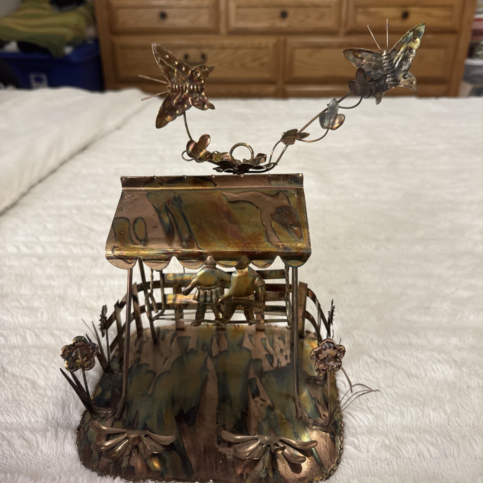 VTG 1970s Copper Brass Gazebo With Couple/ MCM Metal Sculpture Sankyo