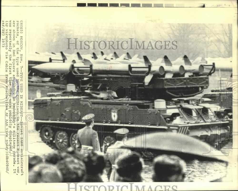 1973 Press Photo Soviet anti-aircraft rockets at a parade in Red Square, Moscow 1973 Press Photo Soviet anti-aircraft rockets at a parade in Red Square, Moscow