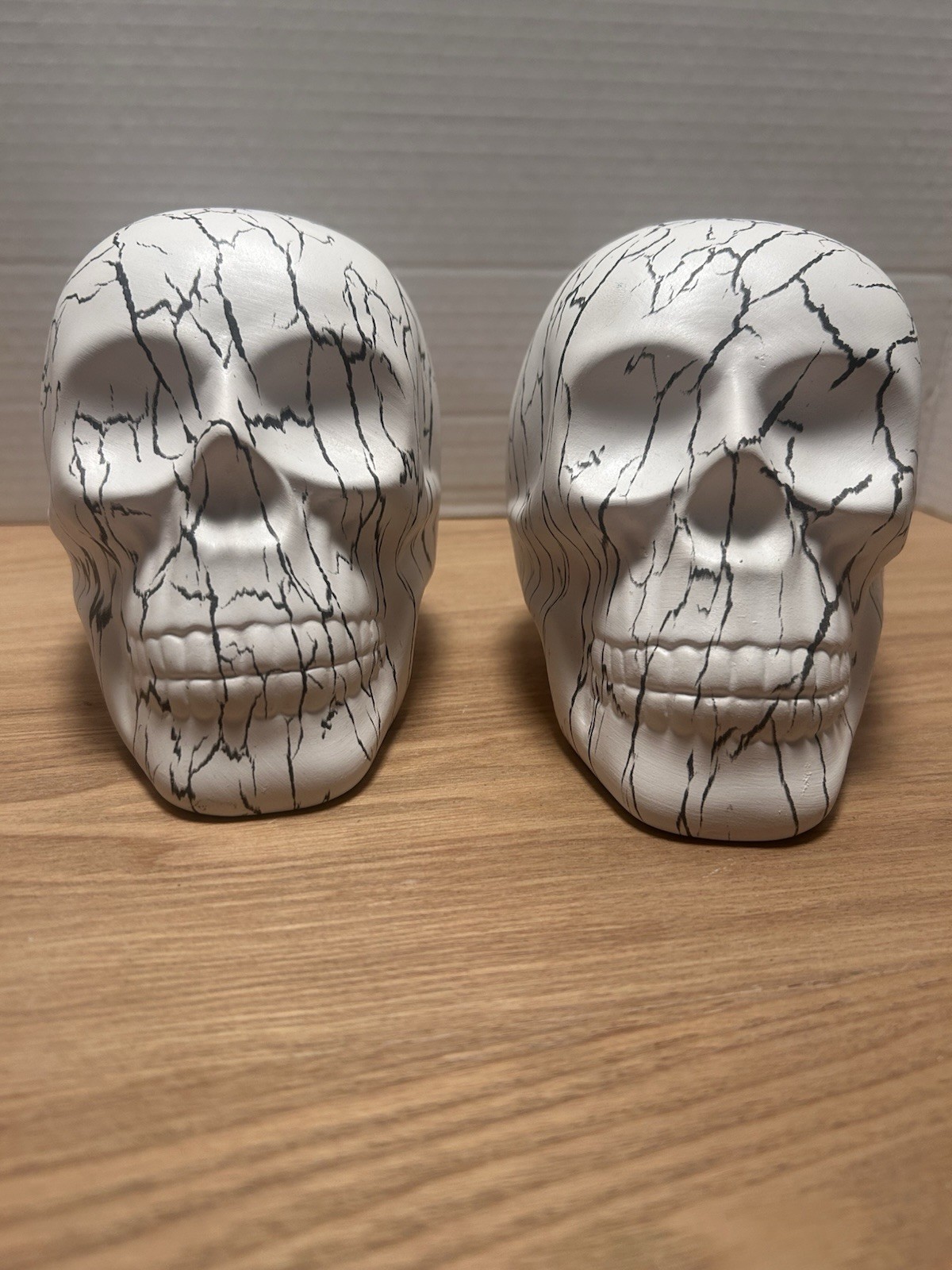 Human Skull Sculpture Ceramic White Base With Black Crackle Lot Of 2 Decor