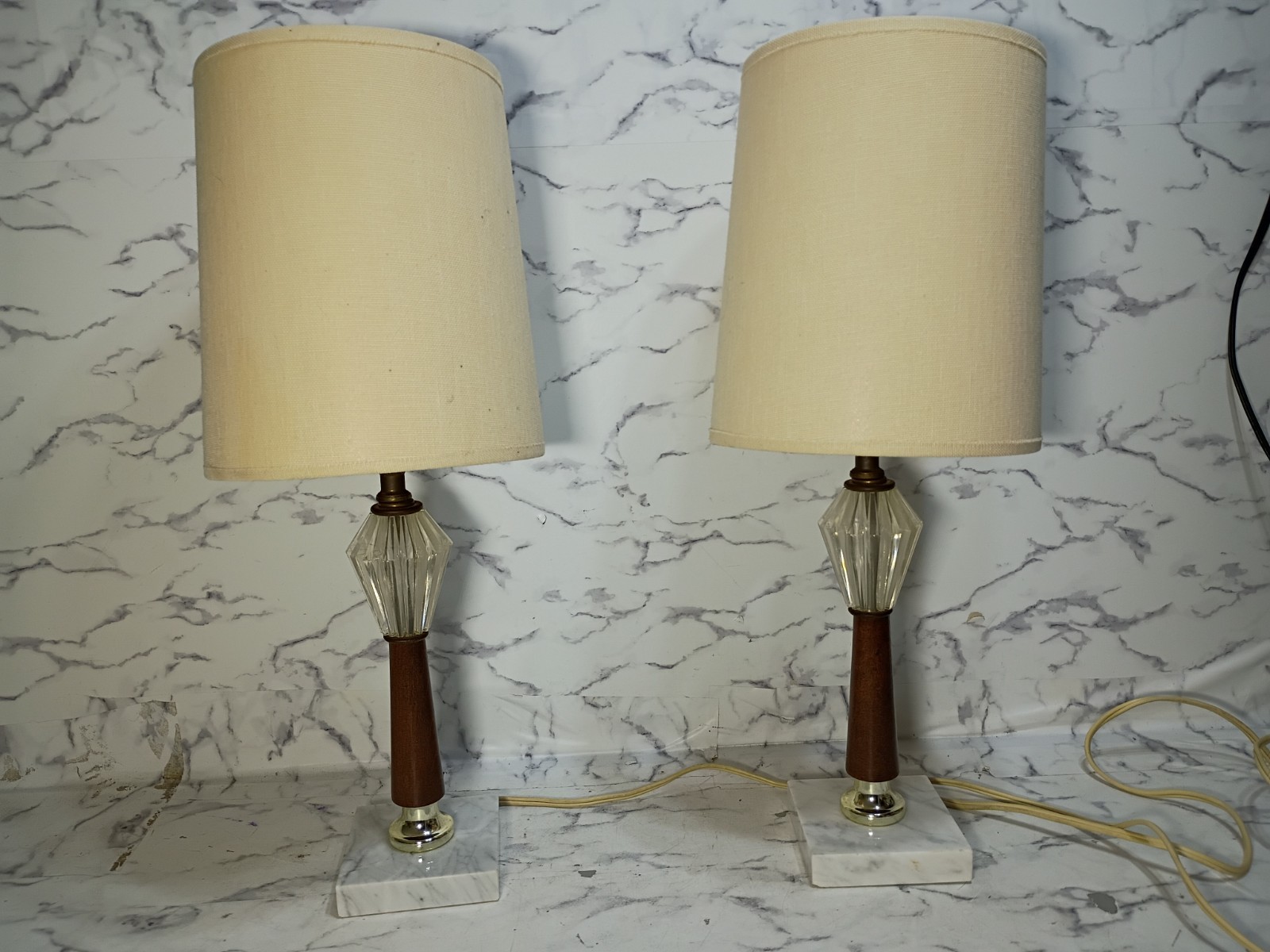 Pair Of MCM Teak & Crystal Table Lamps, Marble Base Vtg WORKING 