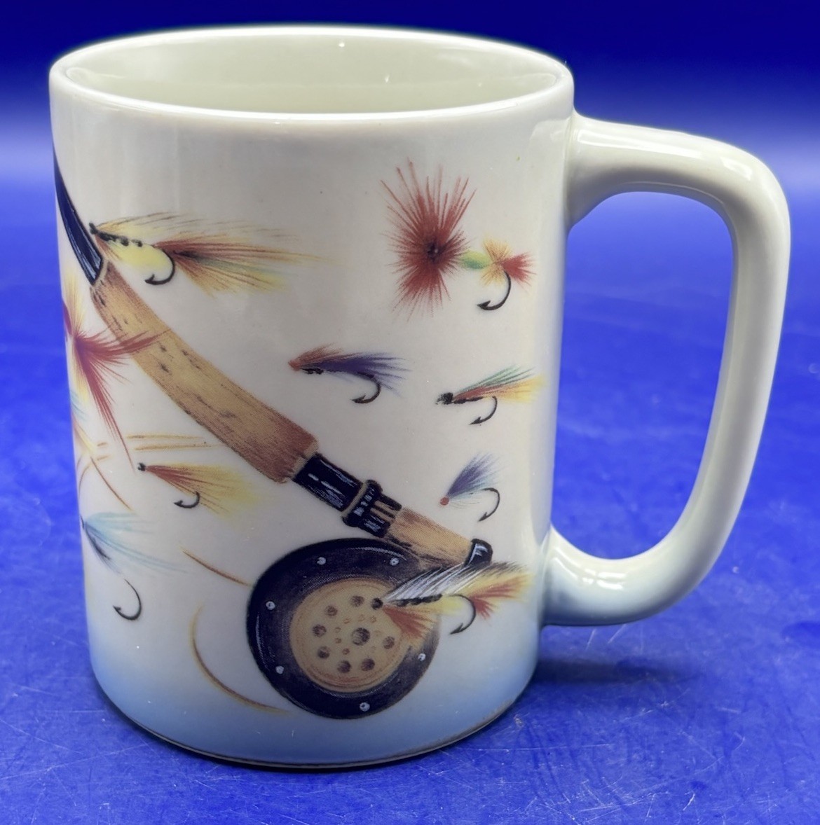 Vtg Otagiri Ruth Pengal Design Coffee Mug Fly Rod Lures Fishing Made In Japan