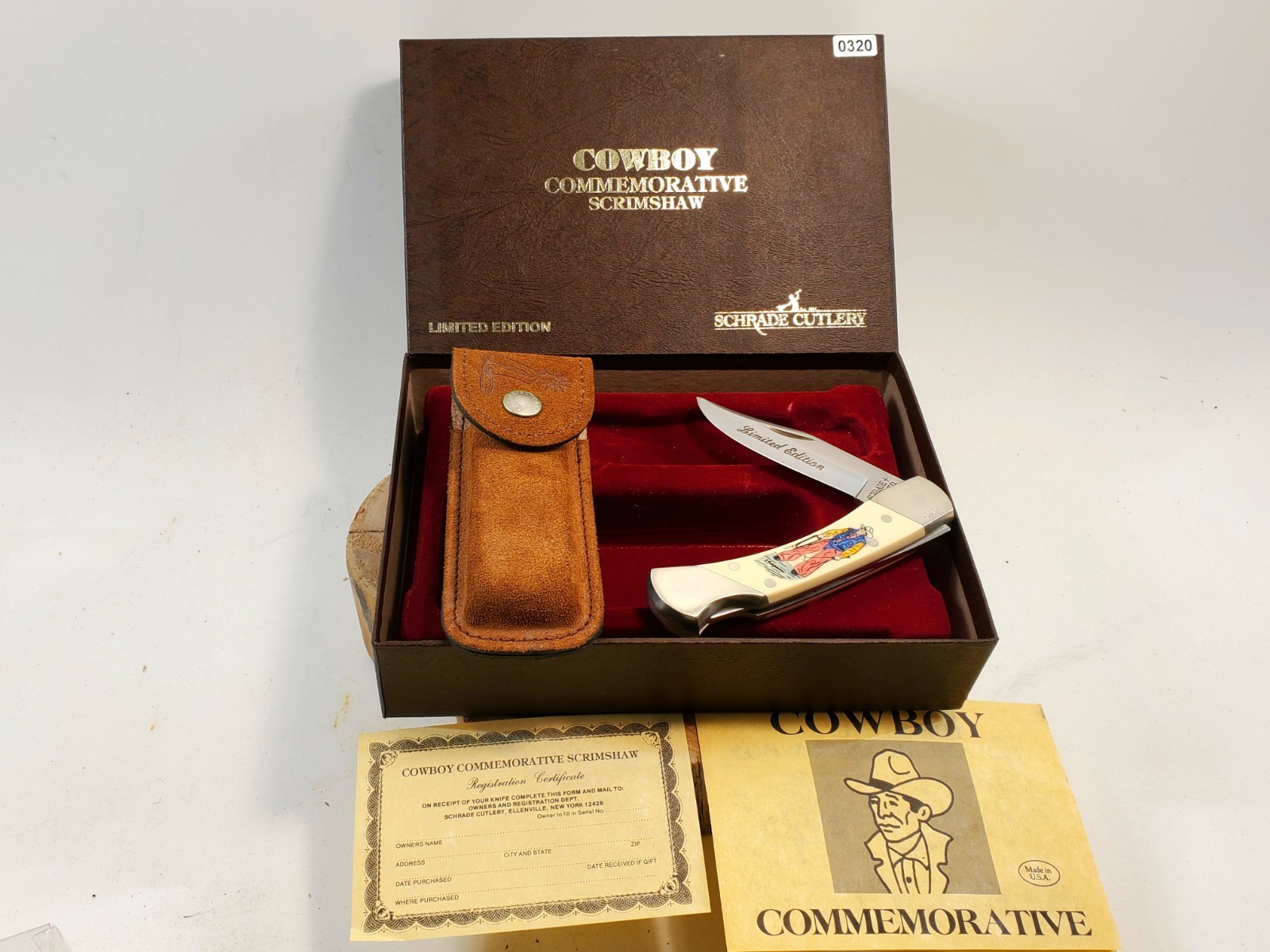 Vtg  Schrade USA Scrimshaw “Cowboy Commemorative Scrimshaw Knife Limited Edition