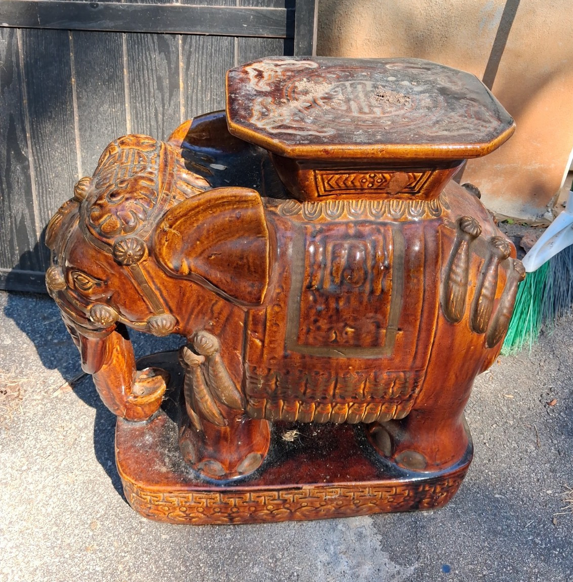 Elephant Figurine Stool/Side Table Brown Glazed Ceramic Statue, Raised Trunk
