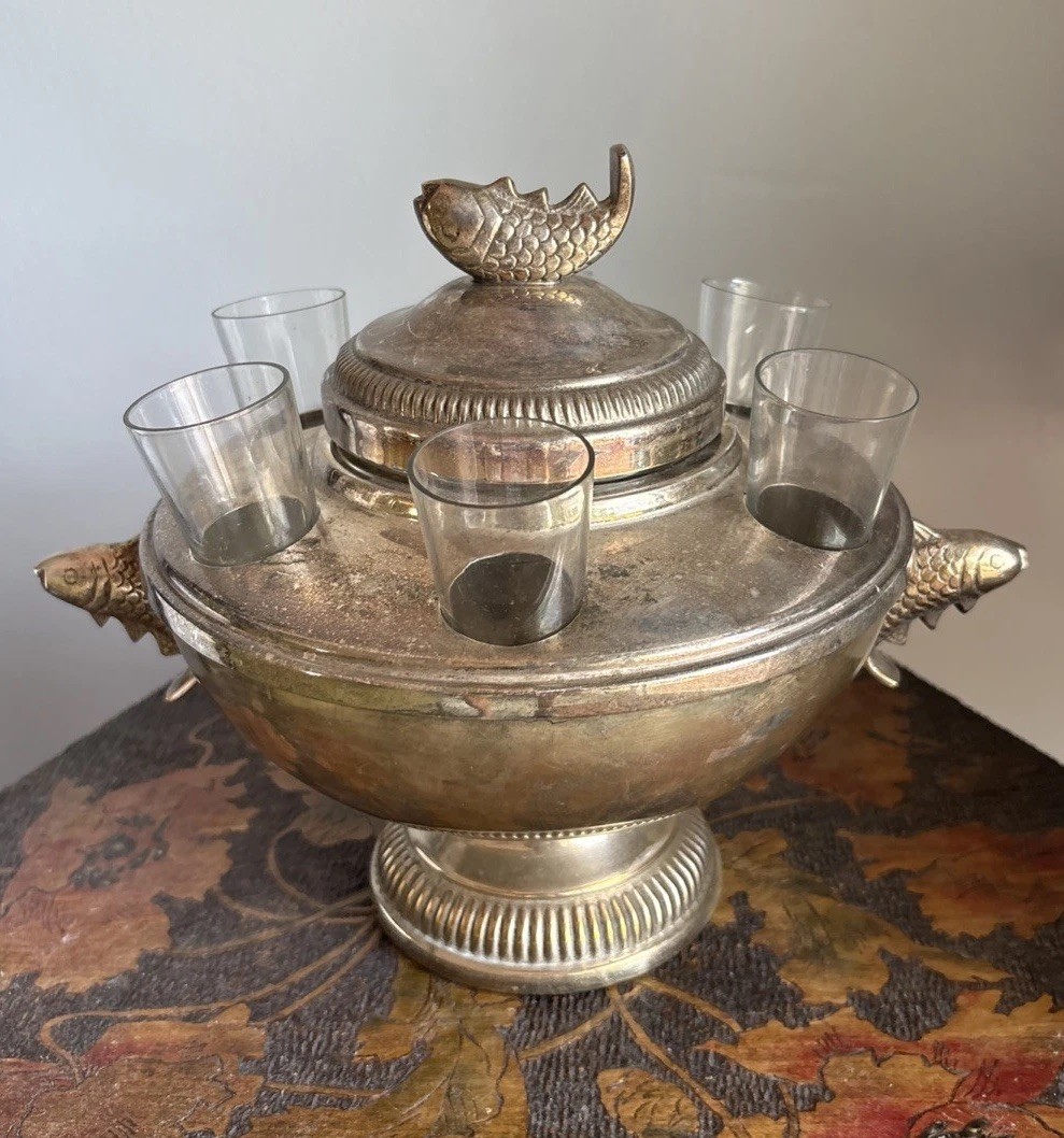 Vintage Silver Plated Caviar Serving Bowl with 6 Vodka Shot Glasses - Server