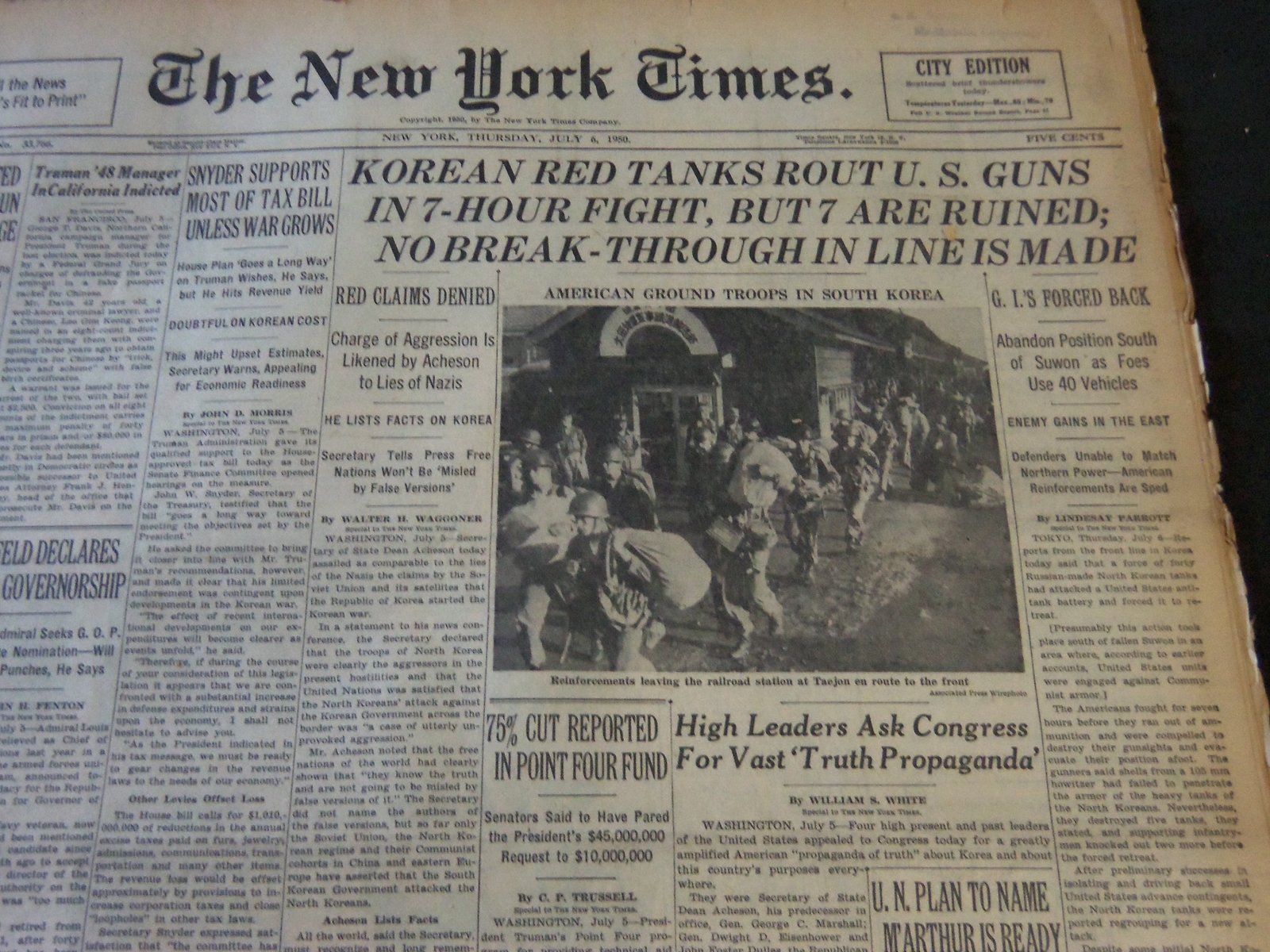 1950 JULY 6 NEW YORK TIMES - KOREAN RED TANKS ROUT U. S. GUNS - NT 5793 1950 JULY 6 NEW YORK TIMES - KOREAN RED TANKS ROUT U. S. GUNS - NT 5793