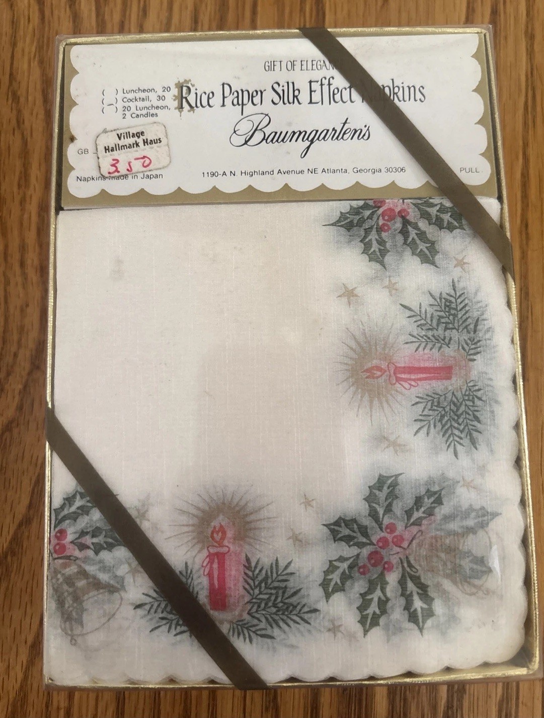 NIB Vtg Baumgartens Rice Paper Silk Effect Christmas Holly Candles Print
