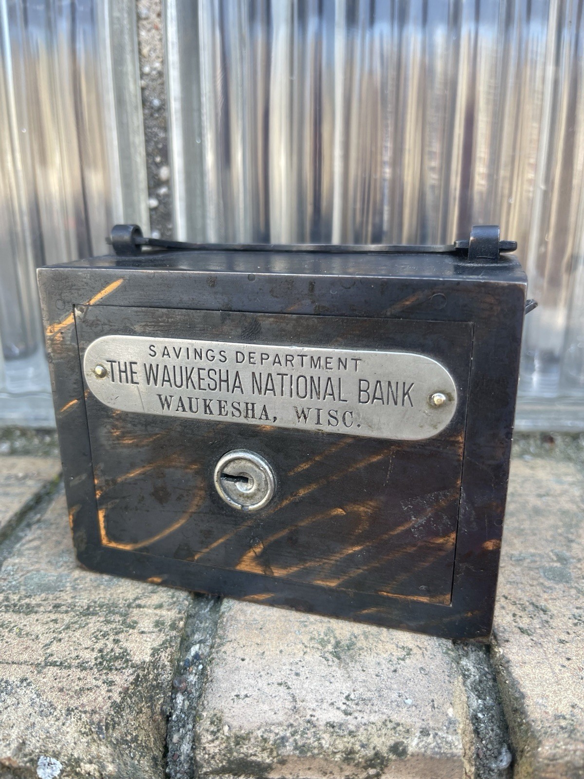 Vintage Waukesha WI  Japan Flash Strong Box Still Bank Faux Copper Metal W