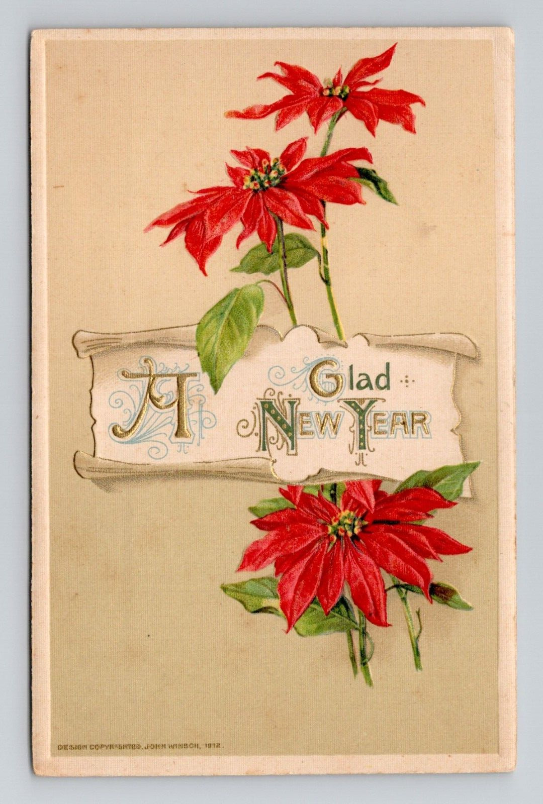 Postcard Winsch New Year Greeting w/ Poinsettia Flowers, Antique N12