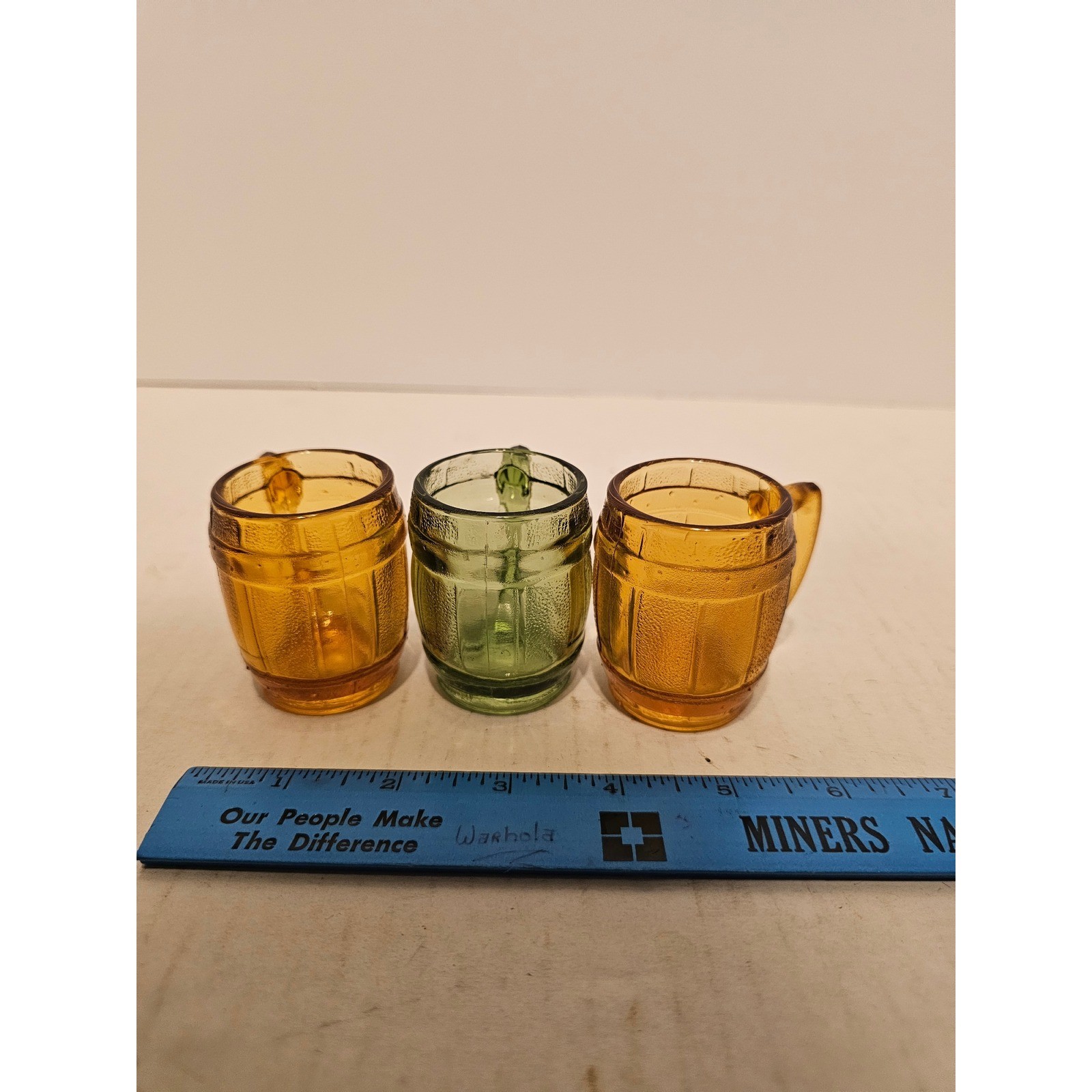 Vintage Miniature Glass Barrel Mug Shot Glasses Set of 3 Amber Green Barware Vintage Miniature Glass Barrel Mug Shot Glasses Set of 3 Amber Green Barware