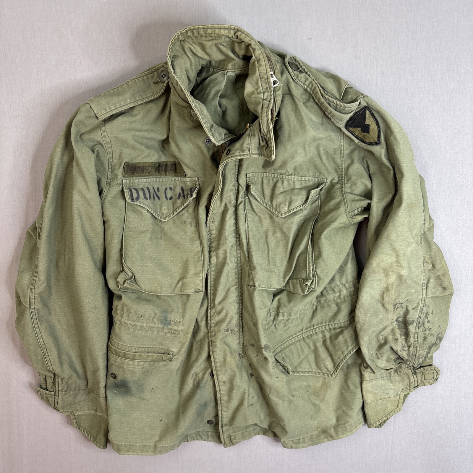 Vintage M65 Field Jacket US Army Olive Green Military Coat Patched Named