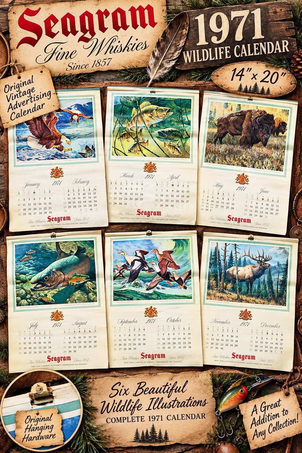 VINTAGE SEAGRAM'S 1971 FULL WALL CALENDAR WILDLIFE ART/ DE FEO/ SCHELLING/McLEAN