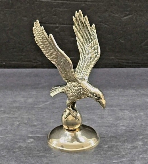 Vintage Polished  Brass American Bald Eagle On Orb Statue Figurine  6in x 3in