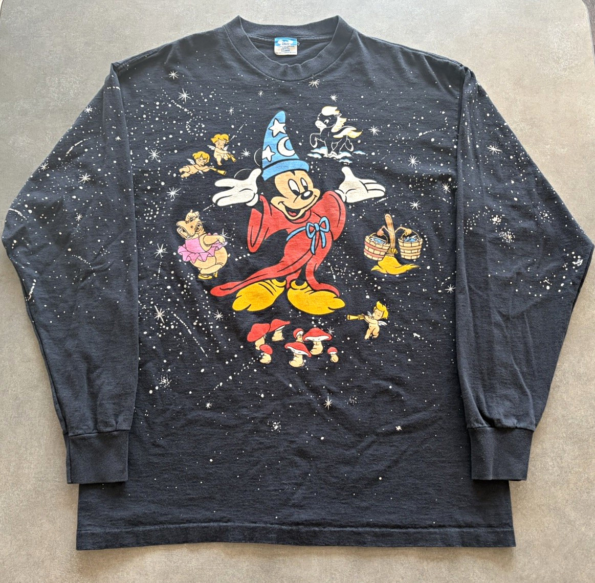 Vtg 1990 Disney Fantasia 50th Anniversary Sorcerer Mickey Mouse AOP LS Shirt XL