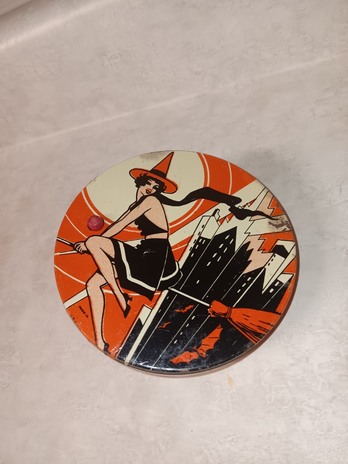 Witch on Broom Halloween Tin Lithograph Noise Maker Vtg T. Chon USA Art Deco