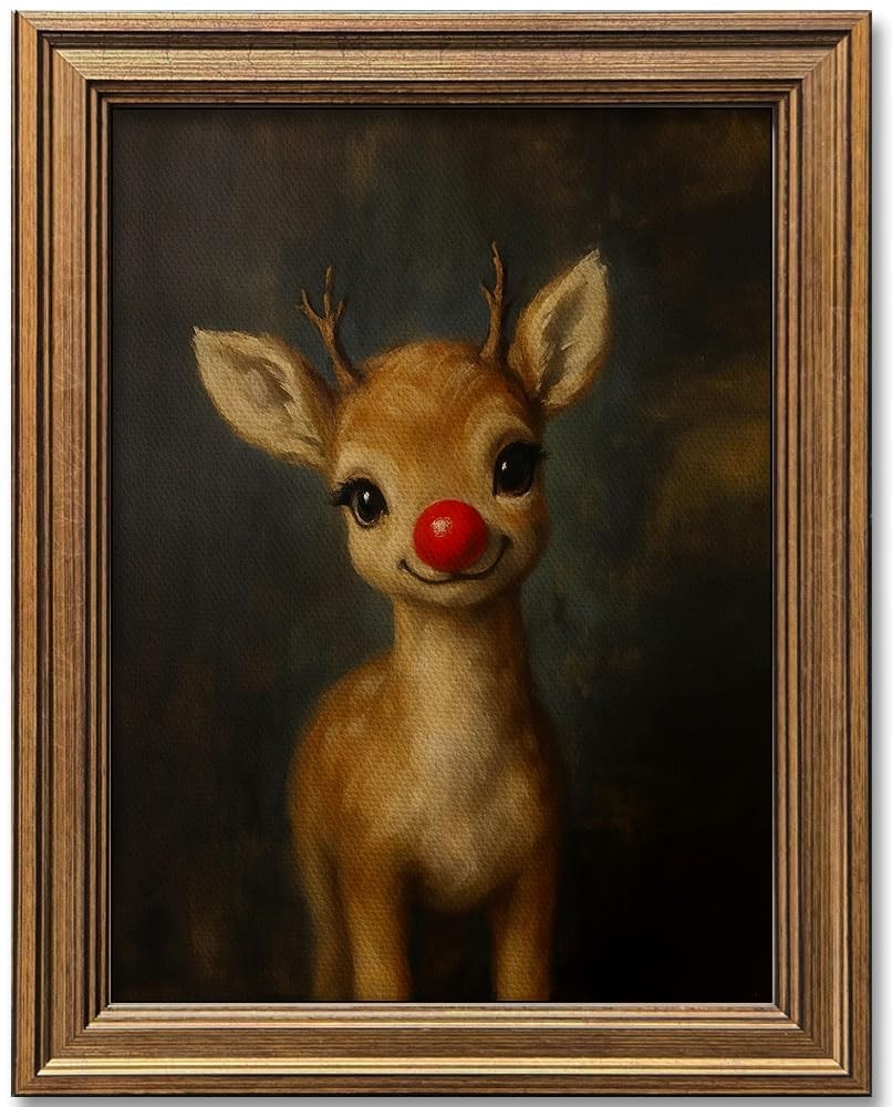 Vintage Christmas Wall Art Gold Framed Funny Clown Reindeer Picture 16x12 Vintage Christmas Wall Art Gold Framed Funny Clown Reindeer Picture 16x12