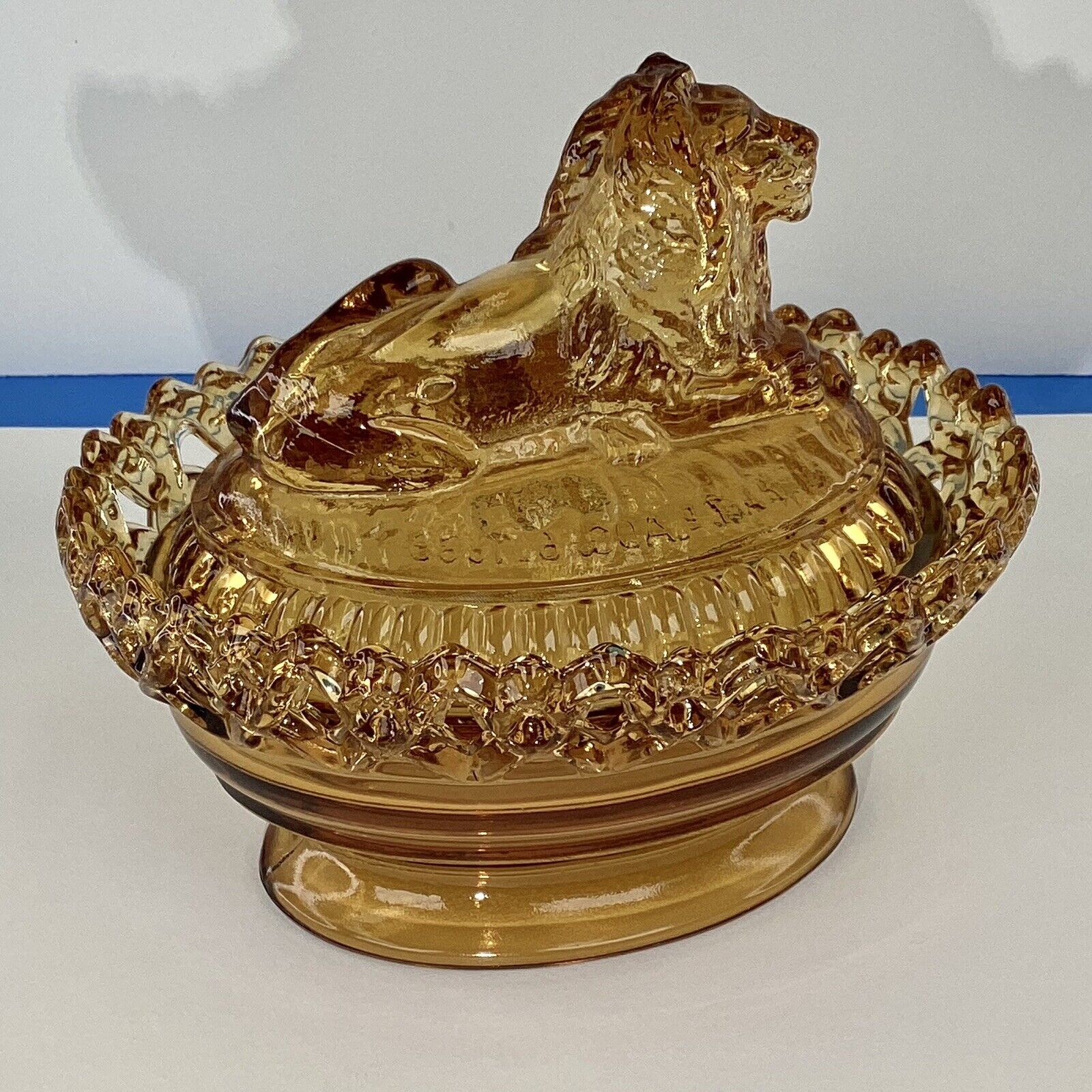 Imperial glass Amber lion bowl covered candy dish reticulated Collectible Leo