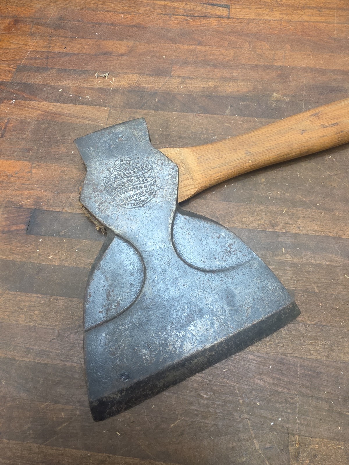 P5- Antique PITTSBURGH GAGE & SUPPLY CO. BEST ALL EMBOSSED Broad HATCHET Axe