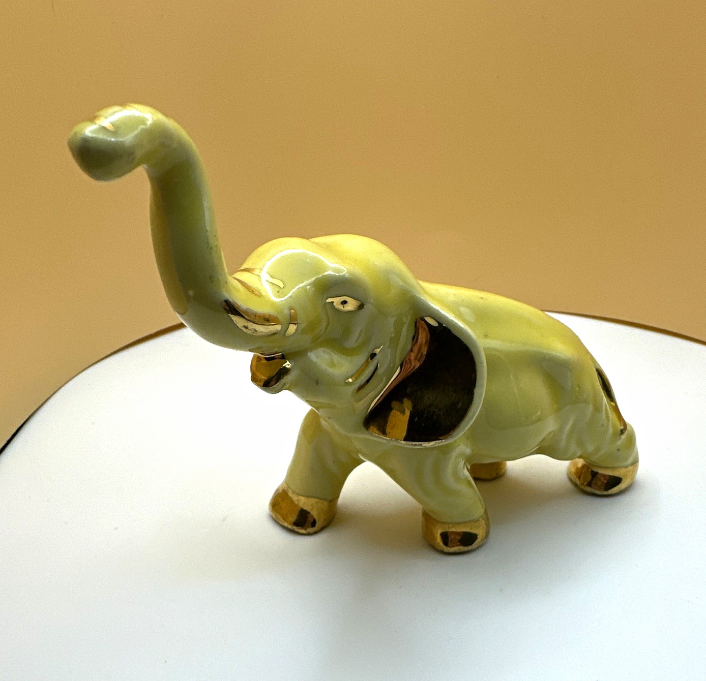 Vintage 70’s  Ceramic Elephant Figurine Statue with Gold Accents