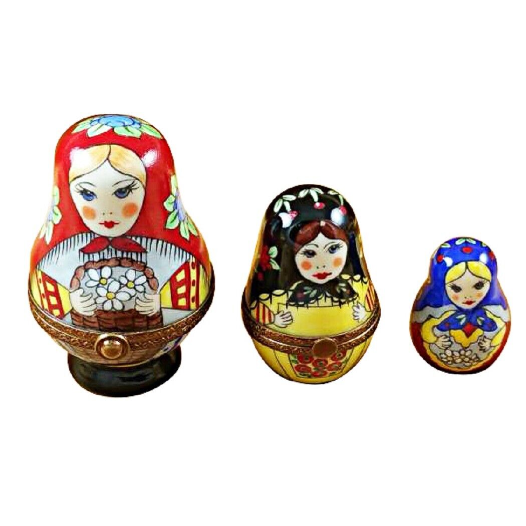Rochard Limoges Russian Dolls Nesting w/ Red Scarf Trinket Box