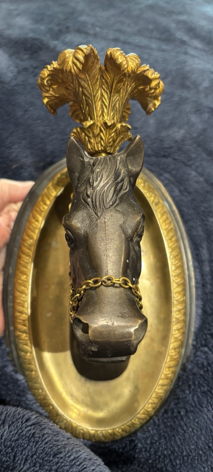 Neoclassical Style Bronze/brass Horse Head With Candle Cup brass Bridle Chain.