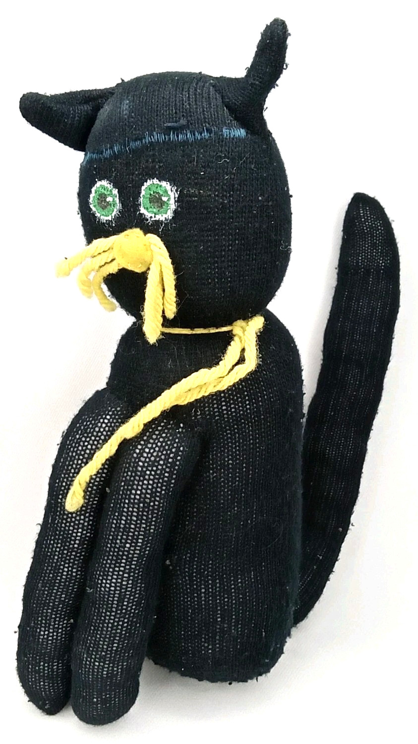 Vintage 1970s Black Cat With Green Eyes Halloween Sock Doll