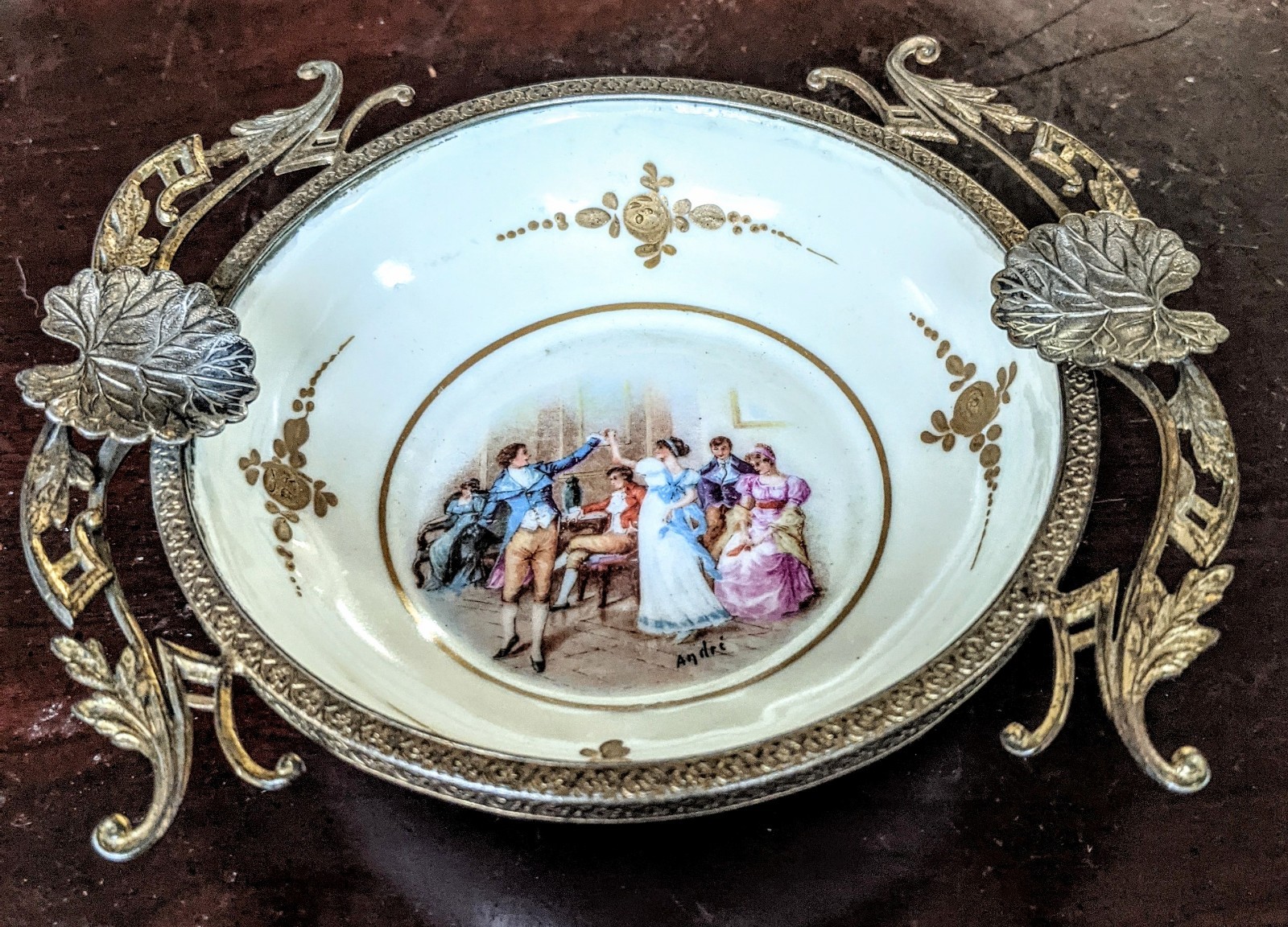 19thC French Sevres Style Porcelain Ormolu Gilt Bronze Bowl Artist Signed  6\