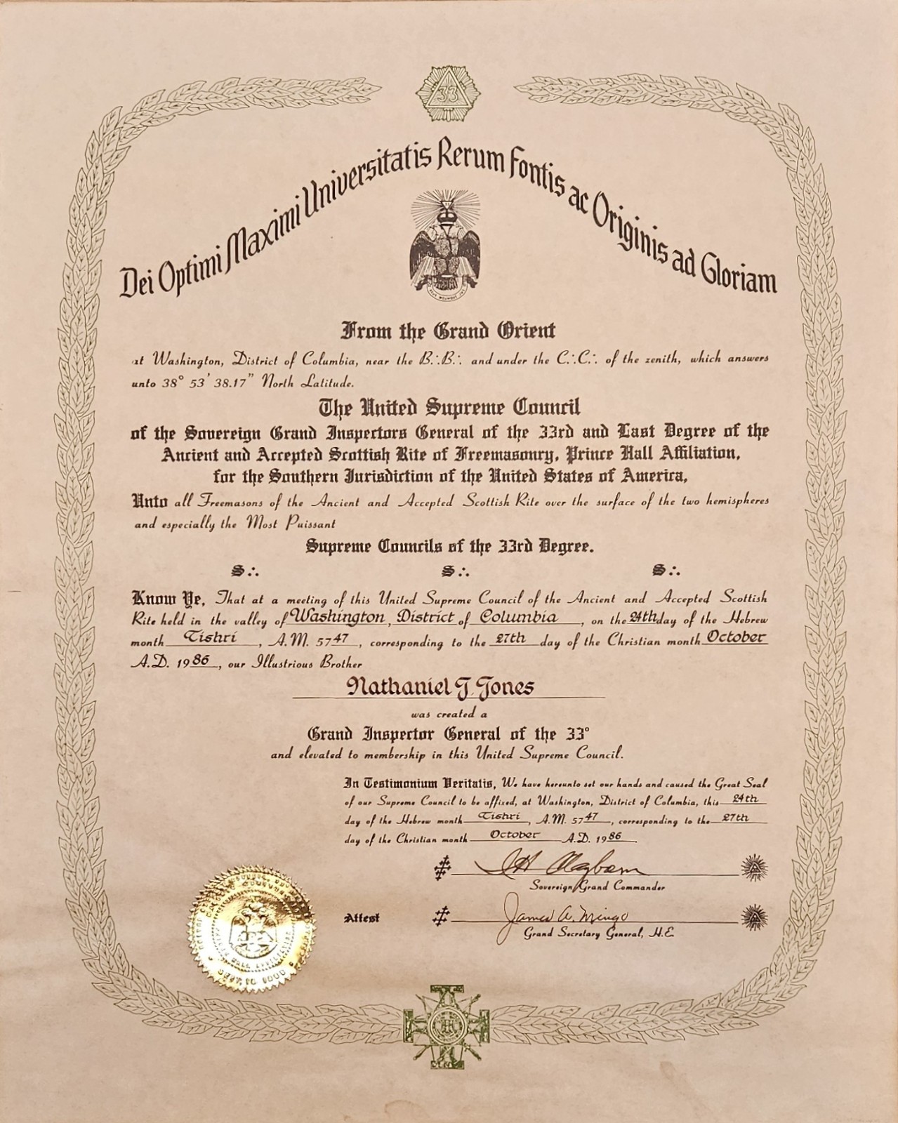 1976–1991 Prince Hall Masonic Certificates 33rd Degree Maryland Archive of 3