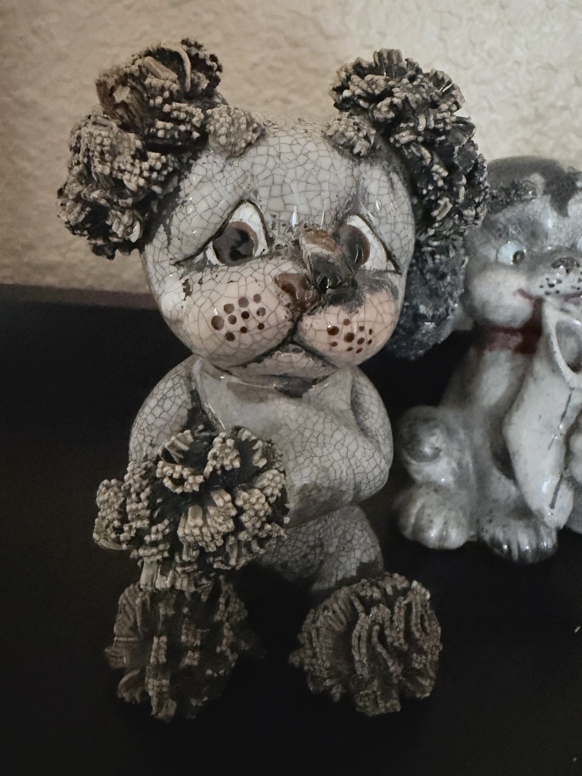 Vintage 1950s Spaghetti Poodle Puppy Figurine Shoe in Mouth Japan Crackle MCM