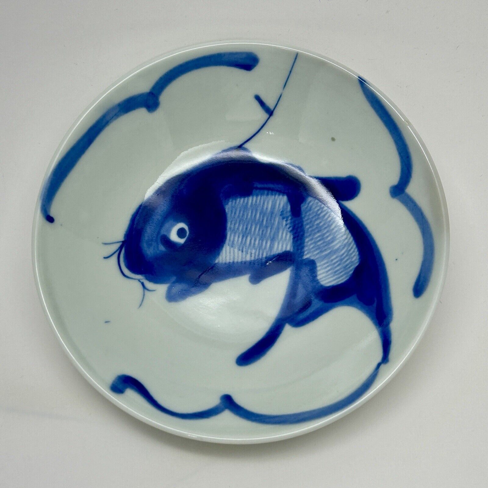2 Hand Painted Koi Fish Carp Soup Noodle Bowls Blue on White Porcelain 9\'\' China