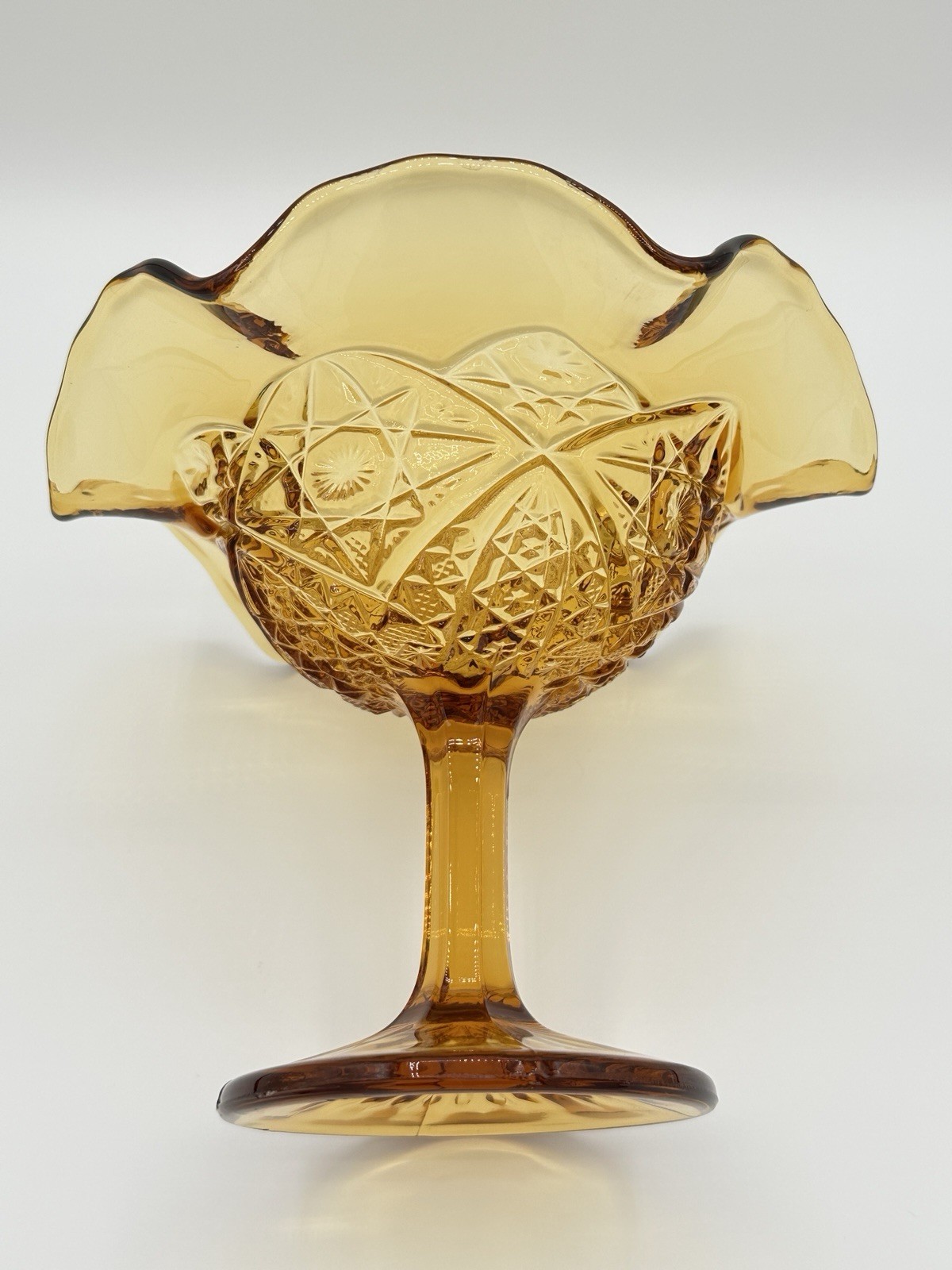 VTG Yesteryear Amber Collection by Viking Glass Crimped Compote Pedestal Dish