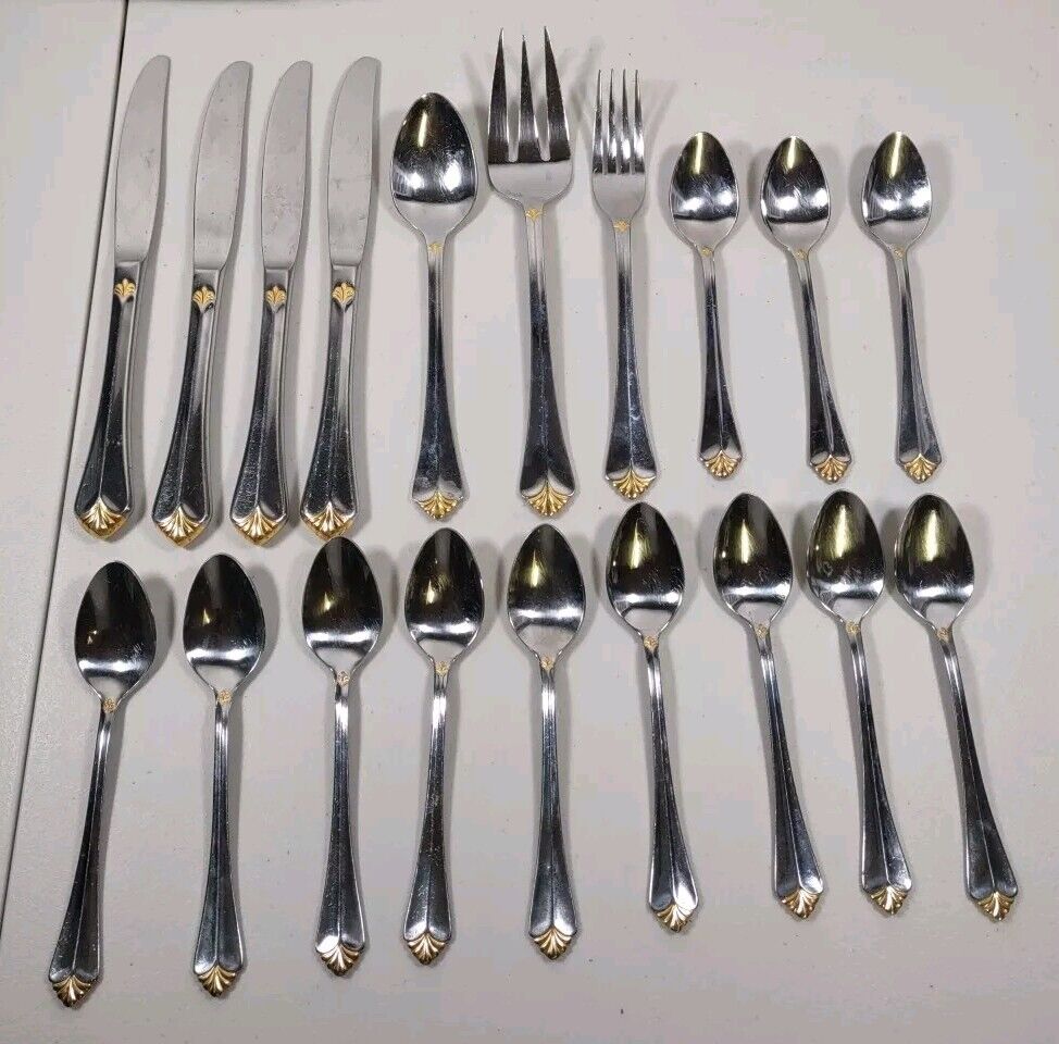 19pc Retroneu Korea 18/0 Stainless Steel GOLD ACCENT WHITNEY serving pieces