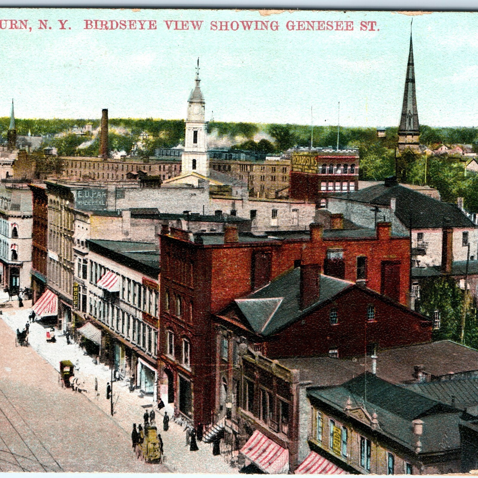 c1910s Auburn, NY Genesee St Birdseye View Postcard Trolley Skyline Buildings