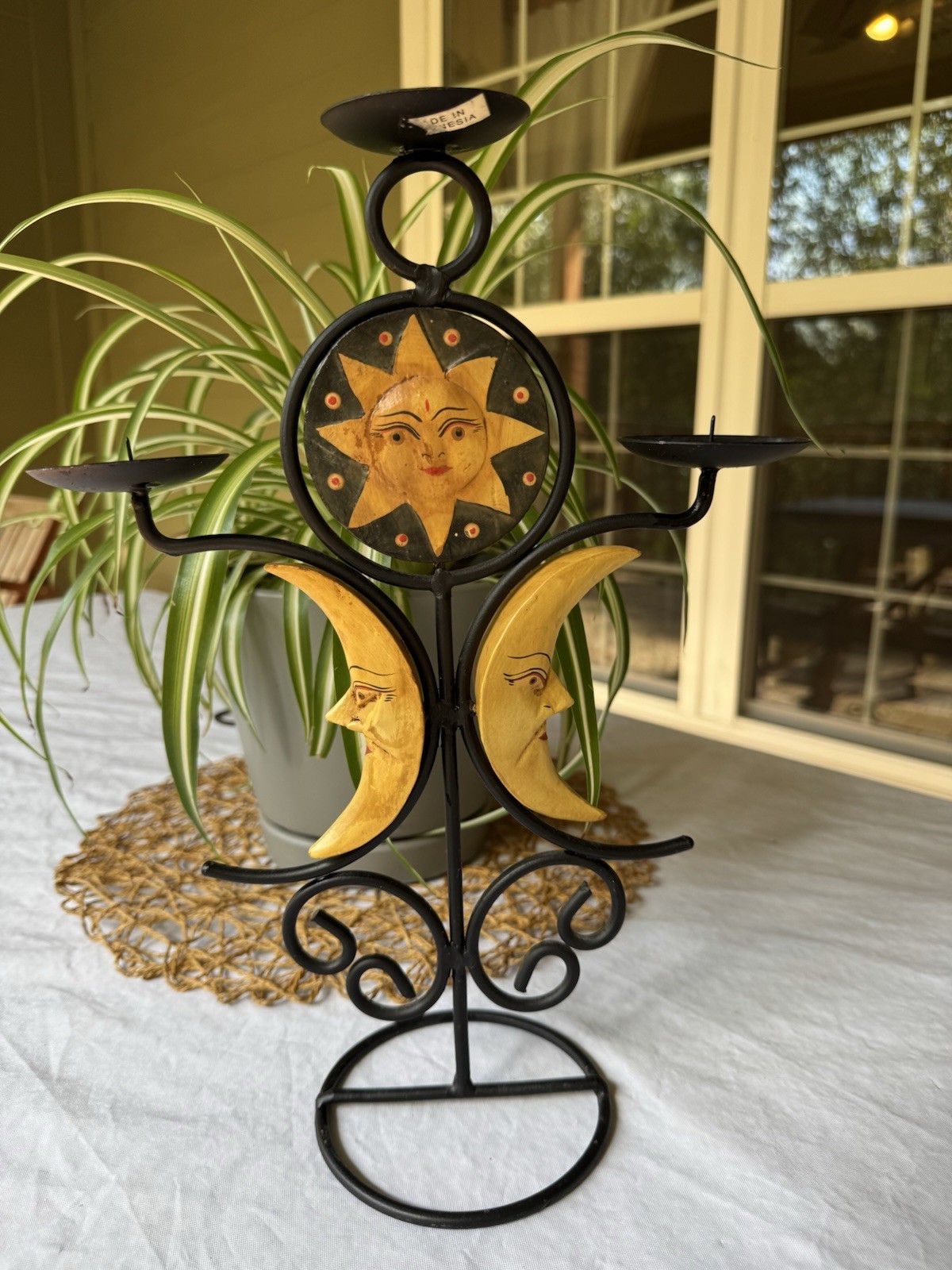 VTG Crescent Moon Candle Holder Iron Stand Hand Painted Celestial Whimsy Goth