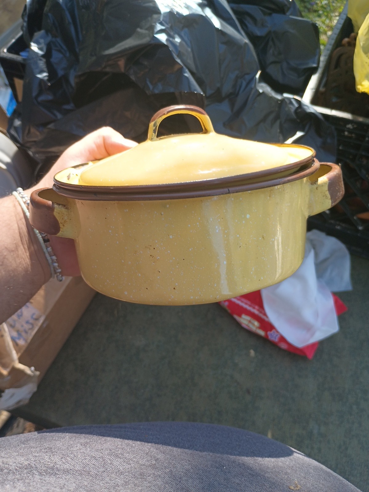 Vintage Yellow Enamel Pot 