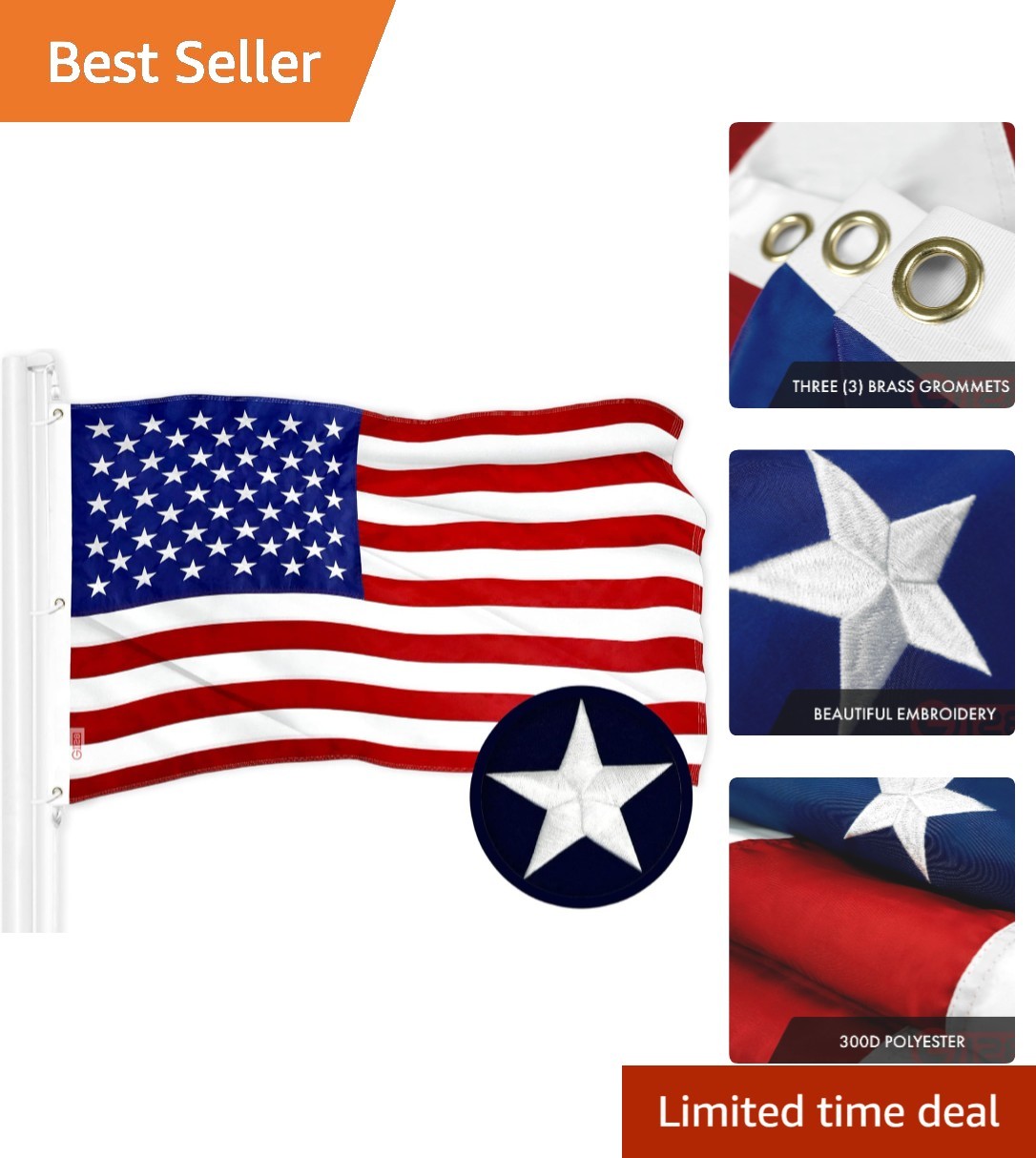6x10 Ft American Flag - Heavyweight Embroidered Polyester for Pride & Durability 6x10 Ft American Flag - Heavyweight Embroidered Polyester for Pride & Durability
