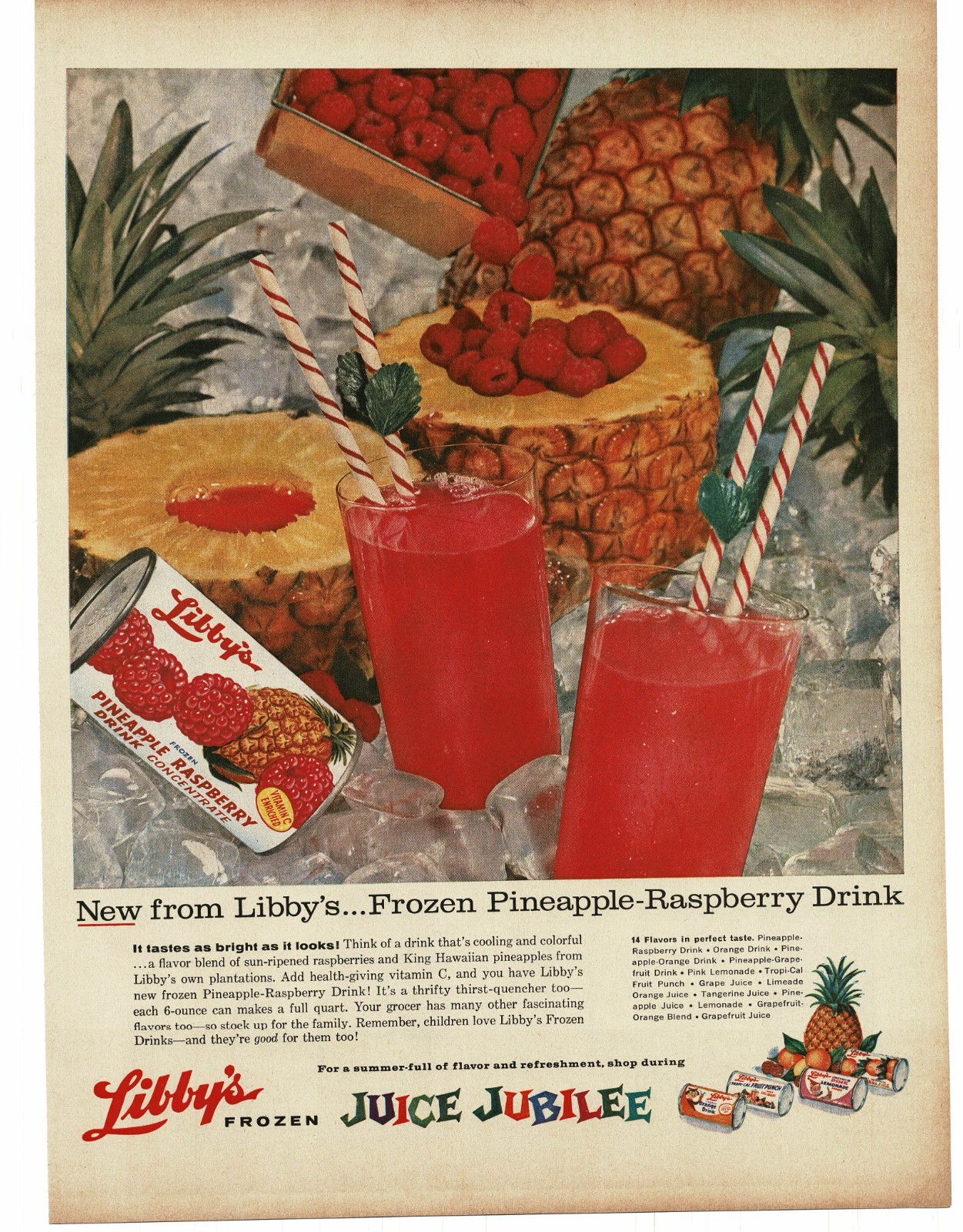 1959 Libby\'s Frozen Pineapple-Raspberry Drink on ice Juice Jubilee  Print Ad