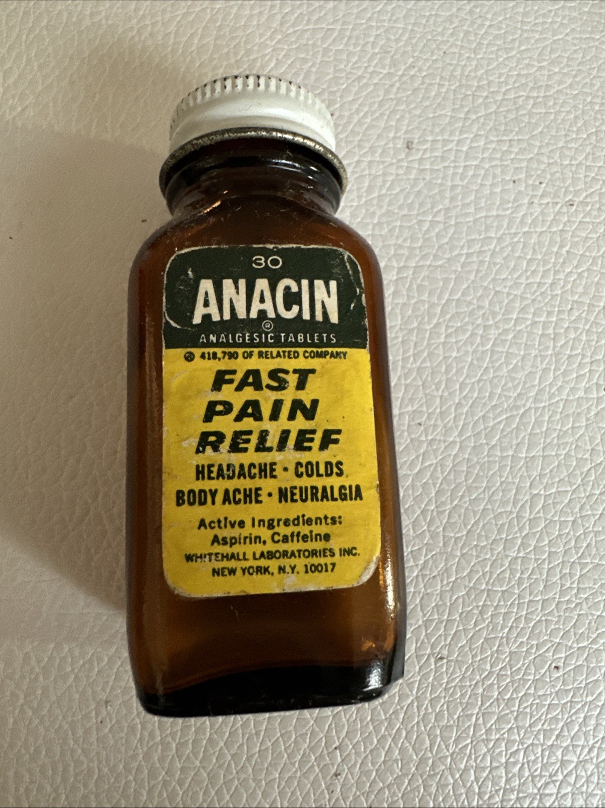 Vintage Miniature Anacin Aspirin Bottle - Brown - 30 Tablet - Whitehall Labs