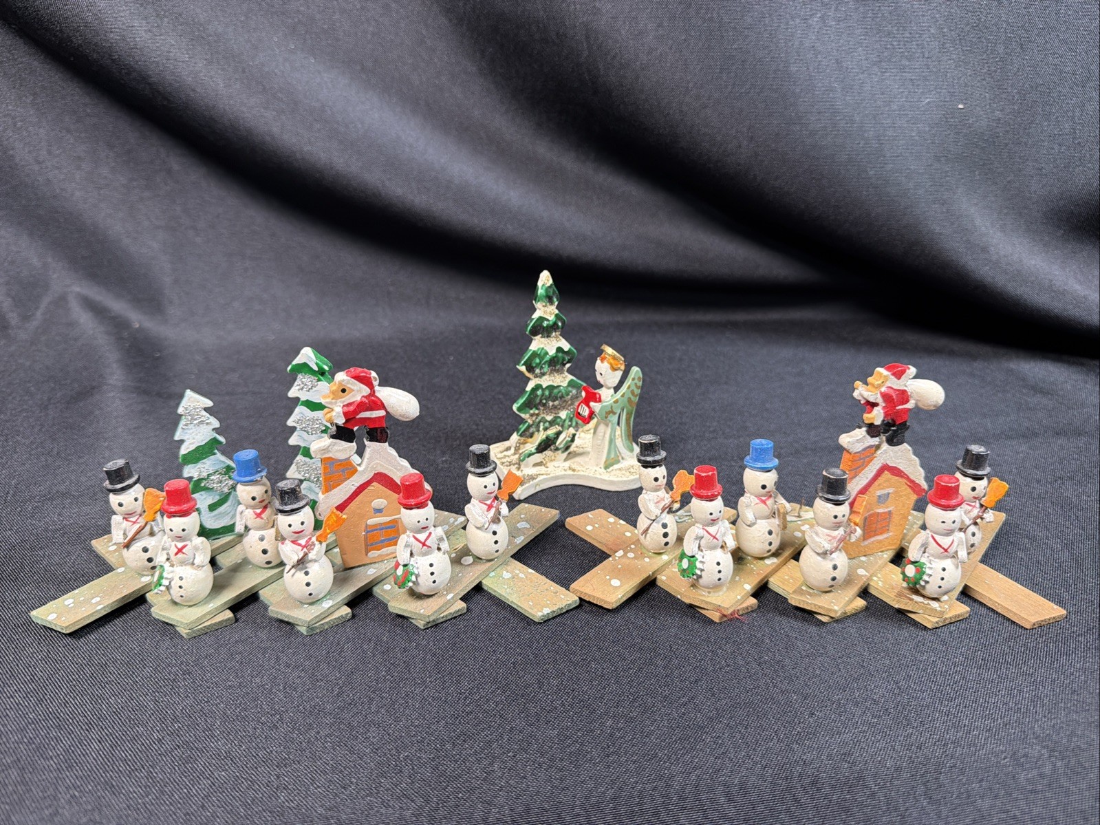 3 Vintage Christmas Wooden Snowmen Santa Trees Wood Miniature Decoration Japan