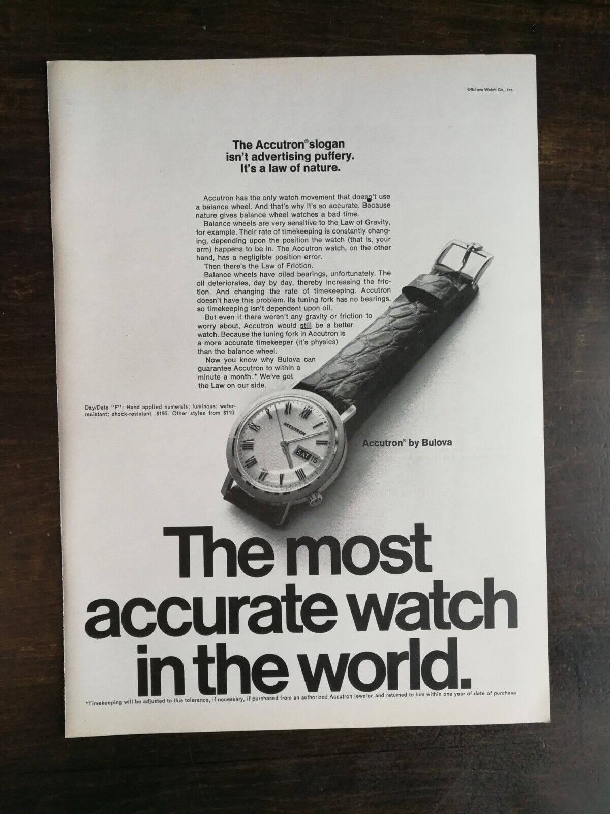 Vintage 1969 Accutron by Bulova Most Accurate Watch Full Page Original Ad 324