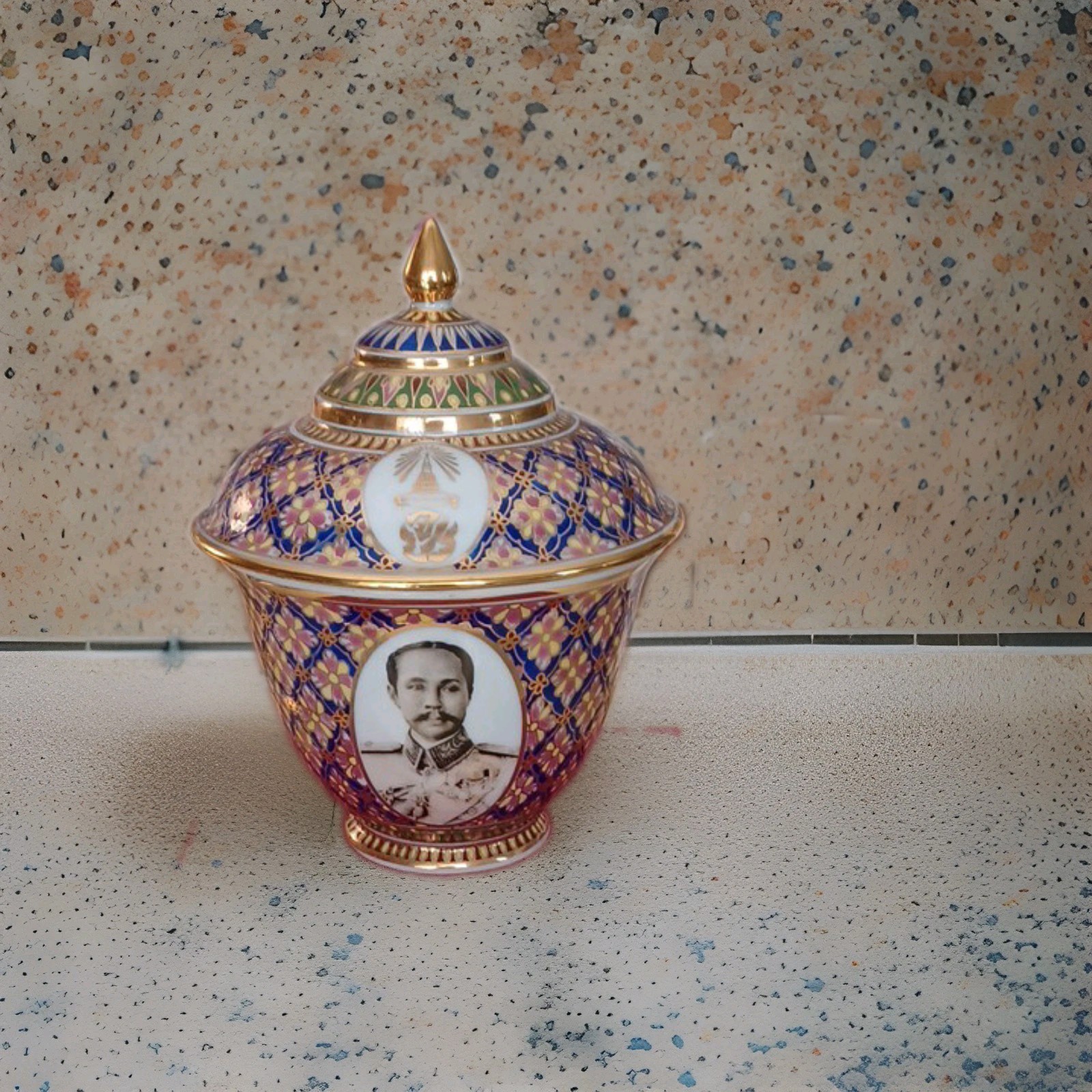 Vintage Thai Benjarong Porcelain Jar with Face of King Rama V Chulalongkorn