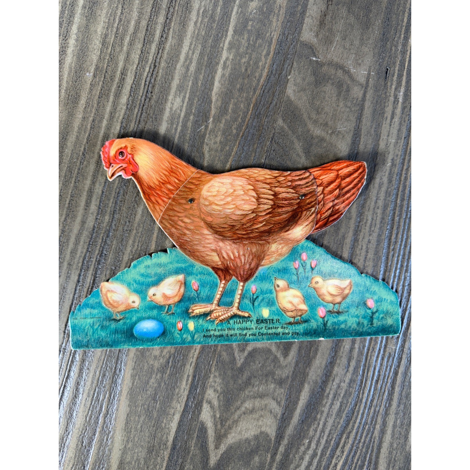 Vintage 1928 Mechanical Easter Card Germany Hen Chicks Brown Embossed Gift