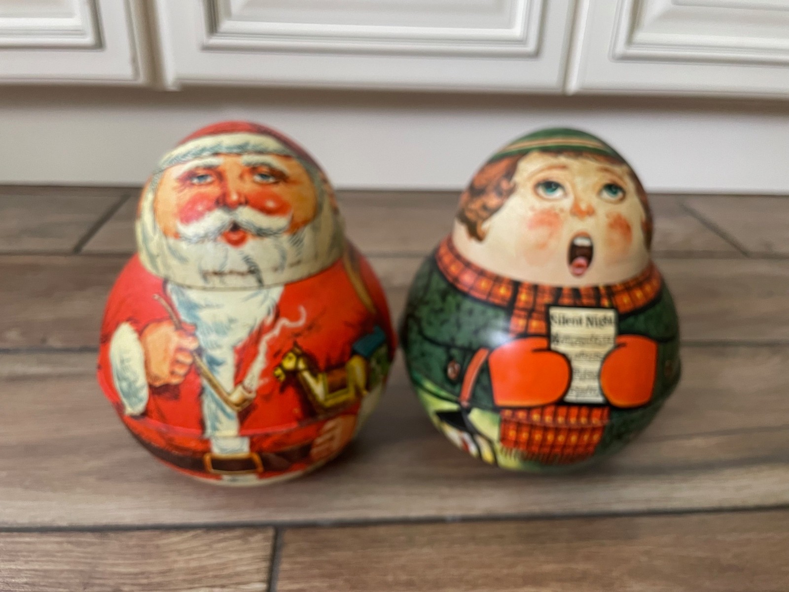 Vintage Roly Poly Tin Caroller & Santa Claus Candy Gift Tins Cheinco Made in USA